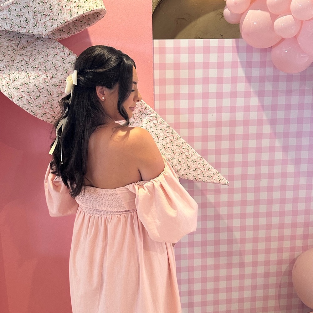 Off-Shoulder Pink Maternity Midi Dress - Picture 3 of 4